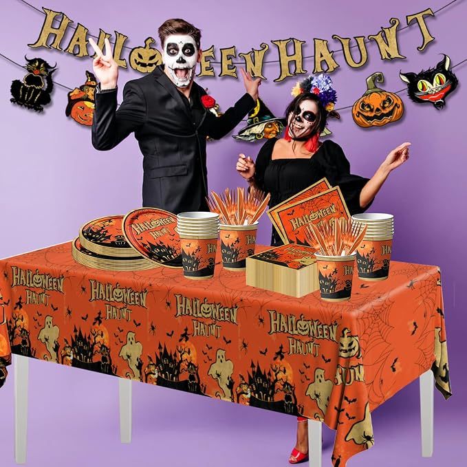 Vintage Halloween Party Tableware Set (142-Piece Kit – Serves 20 Guests with Tablecloth & Banner) gallery view 1