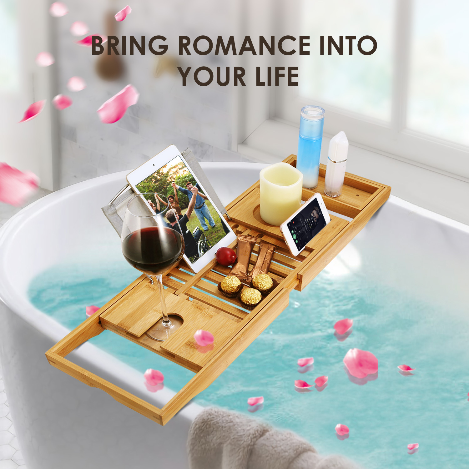 Romantic Candlelit Bath Soak with Wine and Rose Petals on Bamboo Bath Tray