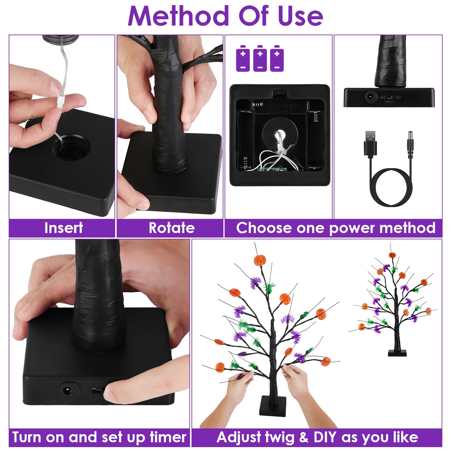 2-Pack 24″ Lighted Black Halloween Trees with Timer – Pre-Lit Tabletop Branch Decor for Indoor Party gallery view 6