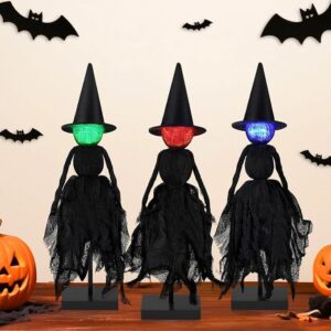 3-Piece Lighted Halloween Witch Figurines with Hats (LED Tabletop & Shelf Sitter Decor)