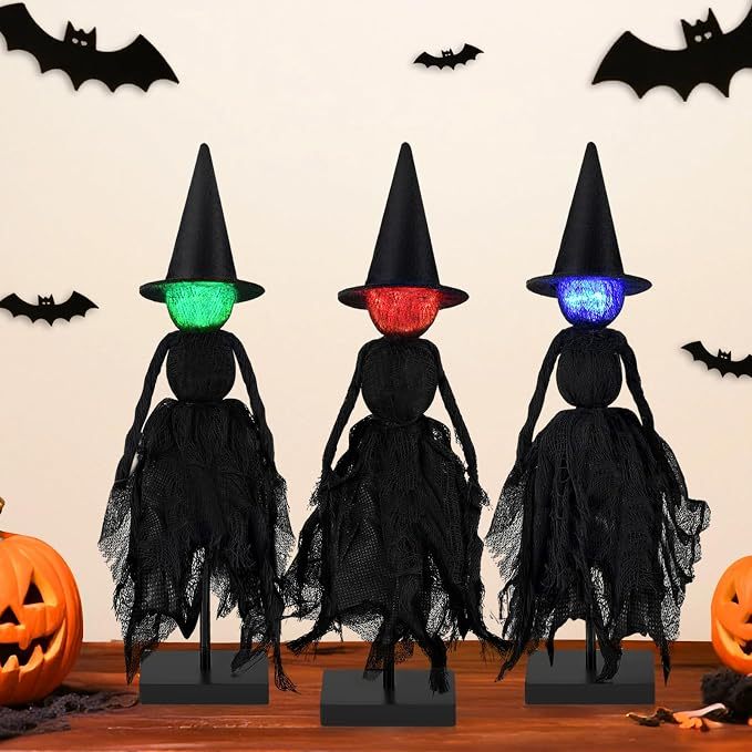 3-Piece Lighted Halloween Witch Figurines with Hats (LED Tabletop & Shelf Sitter Decor)