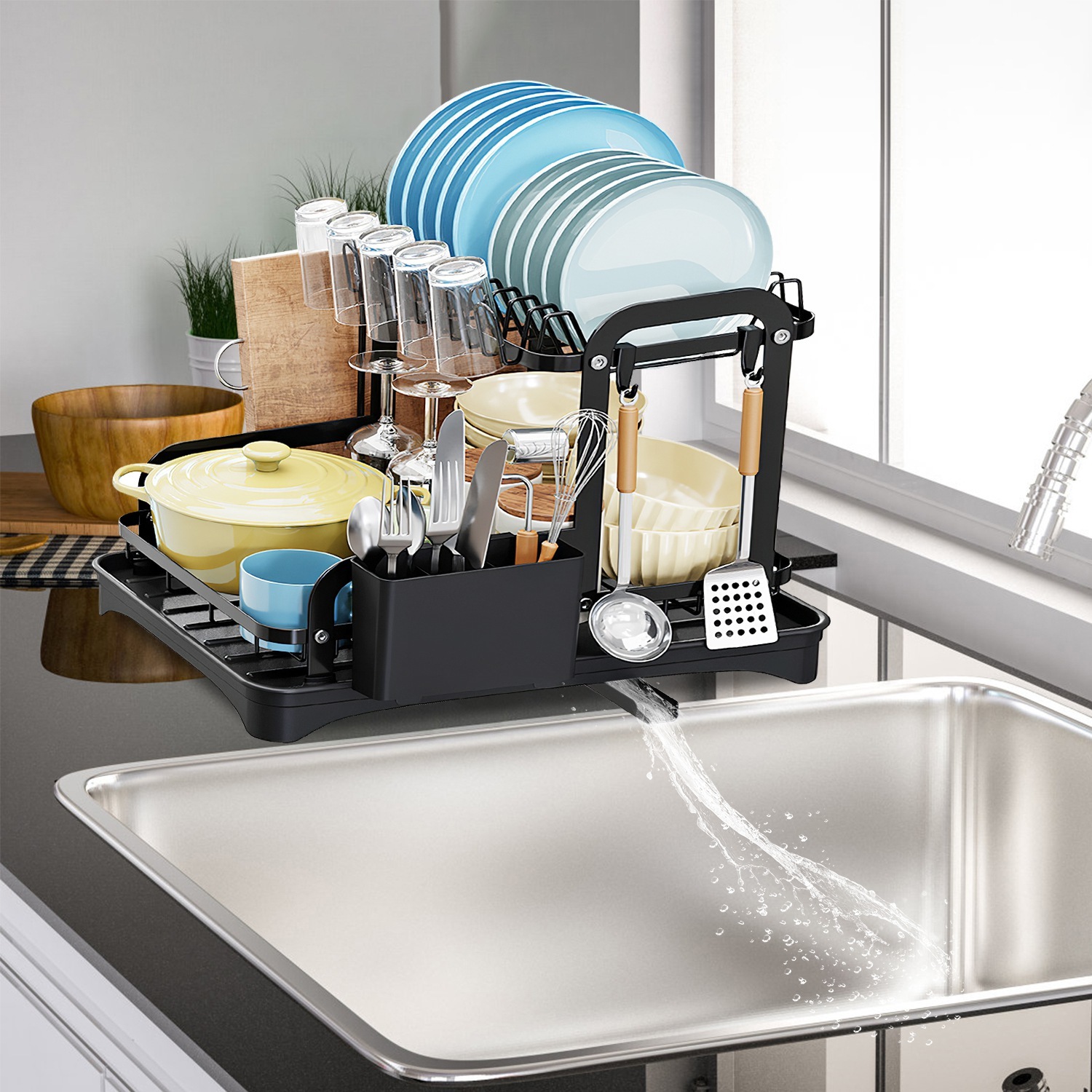 2-Tier Dish Drying Rack with 360° Swivel Drainboard (Rustproof Kitchen Counter Organizer) gallery view 6