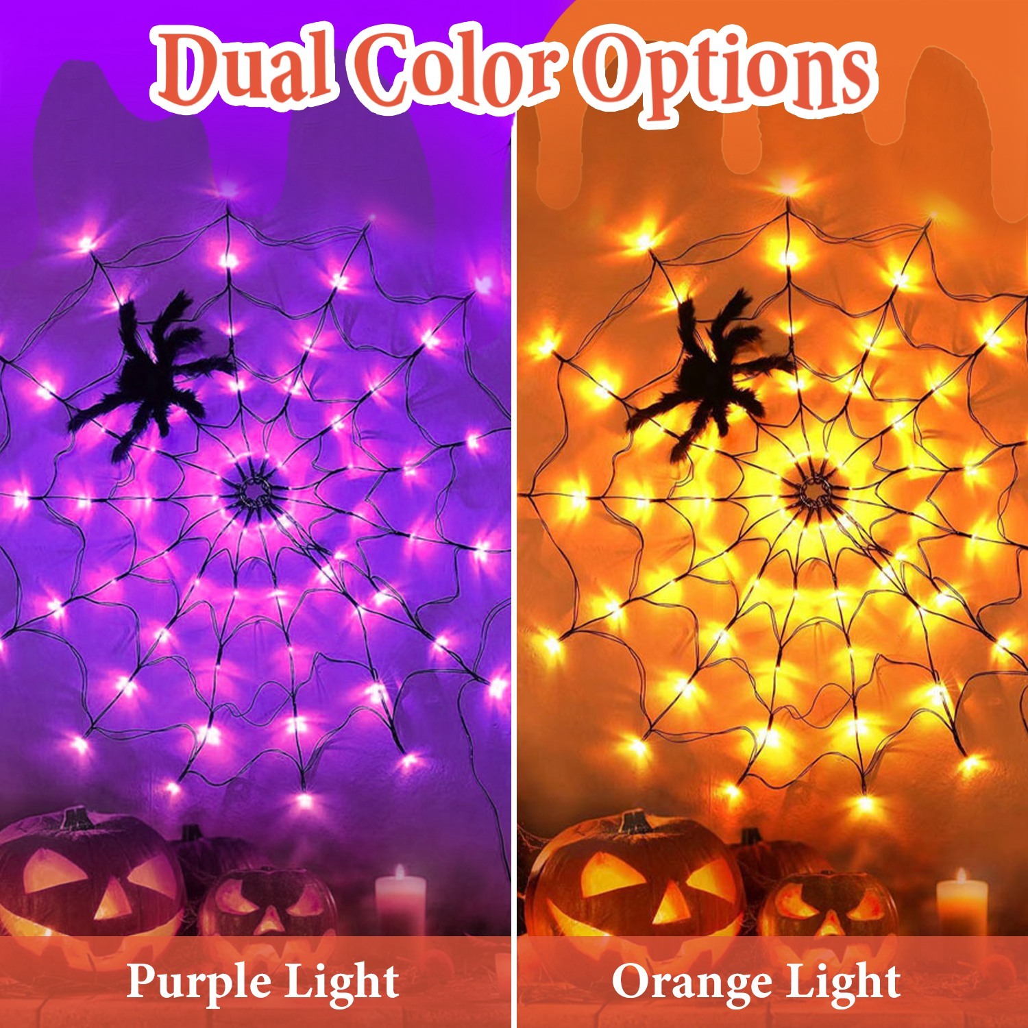 Halloween Spider Web Lights with Plush Spider – 3.3FT 70-LED Battery Operated Decor with Remote gallery view 9