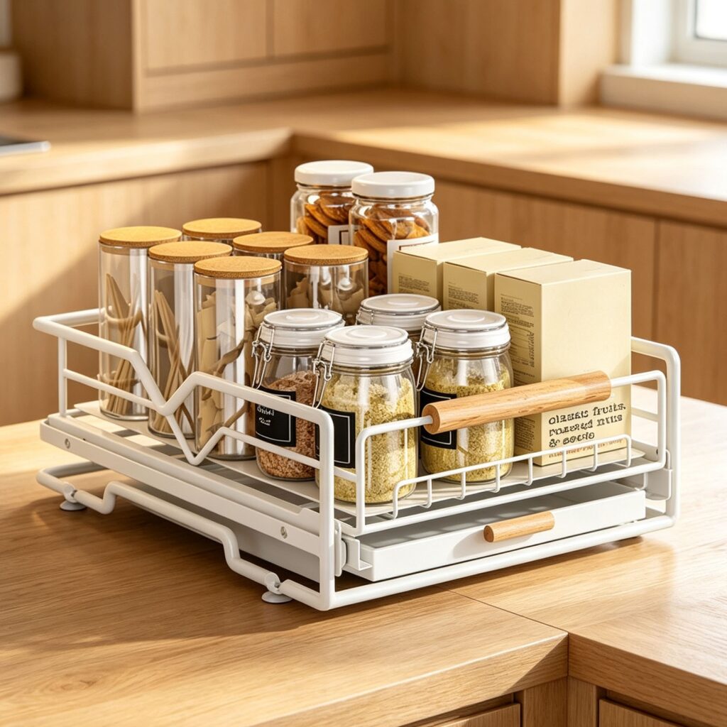 Pull-Out Cabinet Organizer Slide-Out Storage Drawer with Drip Tray (Heavy-Duty Steel Under-Sink & Pantry Rack – White)