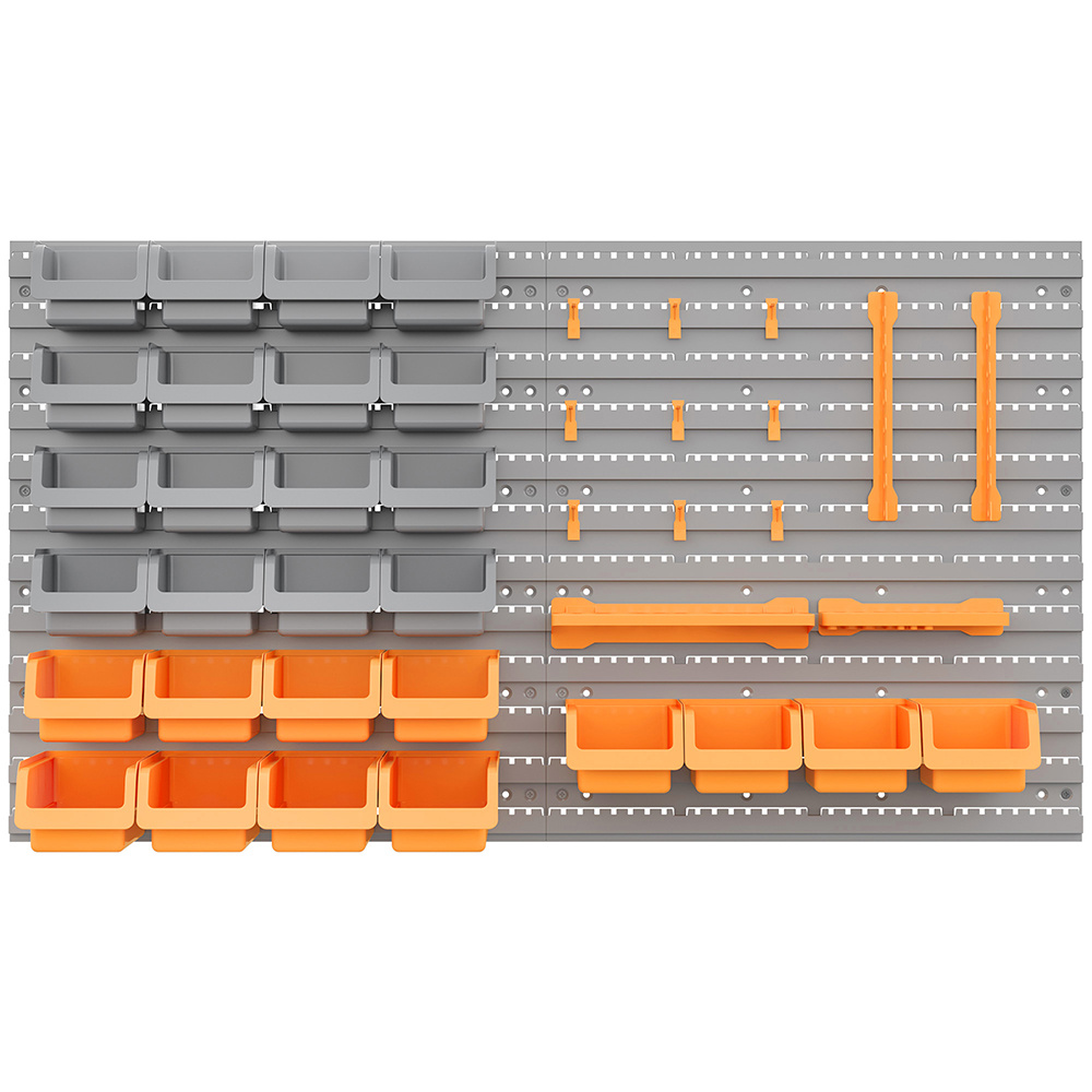 44-Piece Wall-Mounted Pegboard & Storage Bin Tool Organizer Kit (28 Multi-Sized Bins, Screwdriver Shelf & Hooks for Garage Workshop, Orange & Grey)