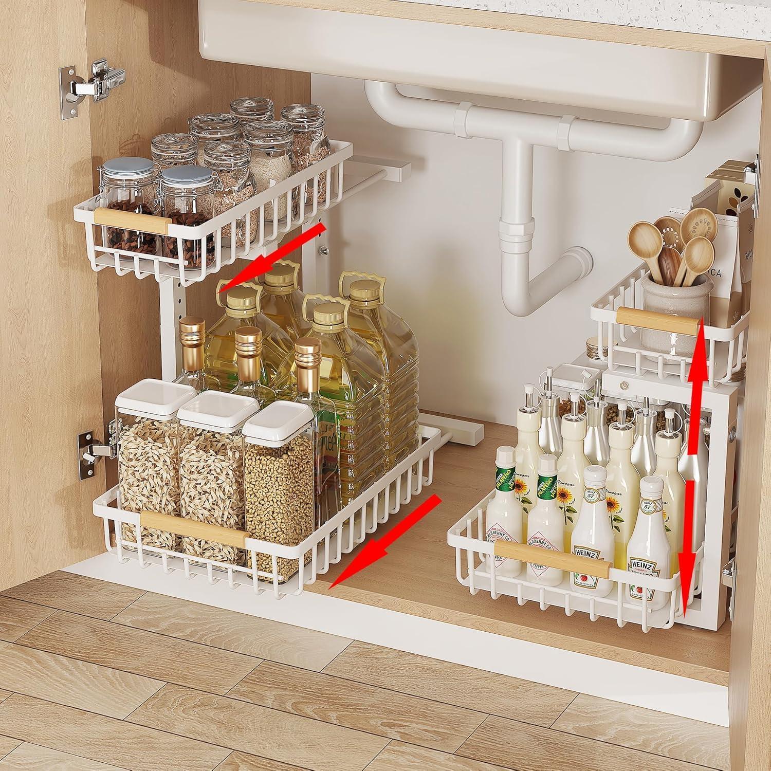 2-Tier Adjustable Under Sink Organizer (Pull-Out L-Shaped Metal Storage Rack for Kitchen & Bathroom) gallery view 9