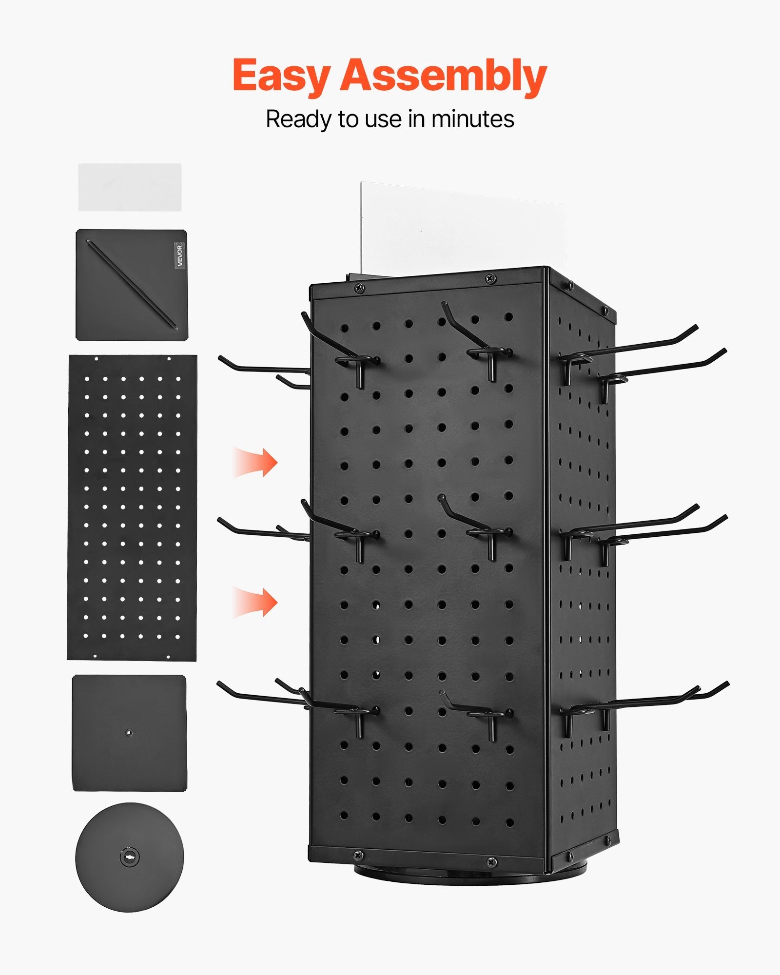 Rotating Pegboard Display Stand (4-Sided 360° Spinning Tower, 24 Steel Hooks, Heavy-Duty Cold-Rolled Steel Countertop Organizer for Crafts, Jewelry & Tools, Matte Black) gallery view 4
