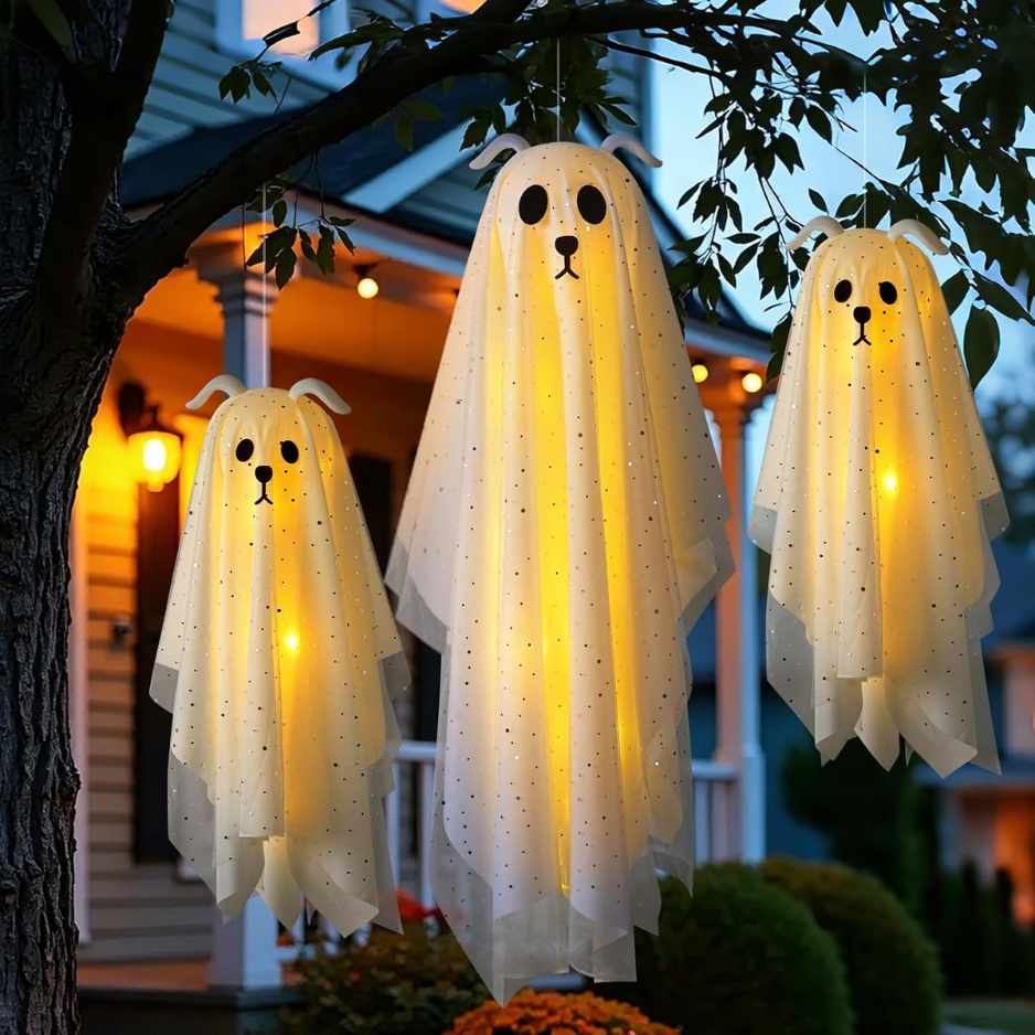 Lighted Halloween Hanging Ghost Dogs 3-Pack (Assorted 38.6" & 24.4" Fabric Puppy Ghosts with Warm LED Lights & Remote, Floppy Ears & Glitter Gauze Outdoor Porch & Yard Decor)