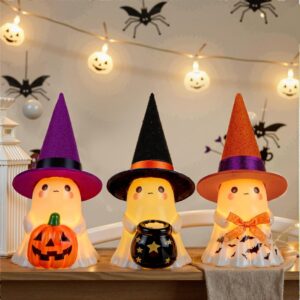 Cute Ceramic Light-Up Ghost Figurines 3-Pack (Hand-Glazed Porcelain Tabletop Ghosts with Felt Witch Hats, Warm LED Night Light for Fireplace Mantel, Tiered Tray & Shelf Decor)