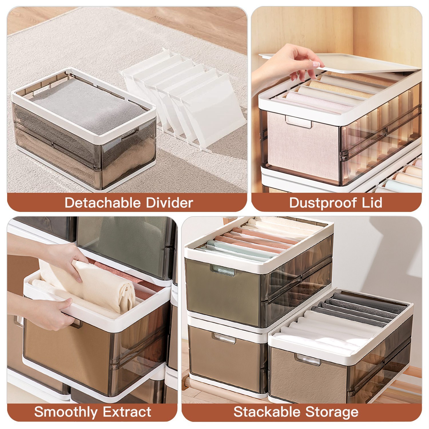 3-Pack Stackable Foldable Storage Bins with Lids & Removable Dividers (Collapsible Closet Drawer Organizers) gallery view 8