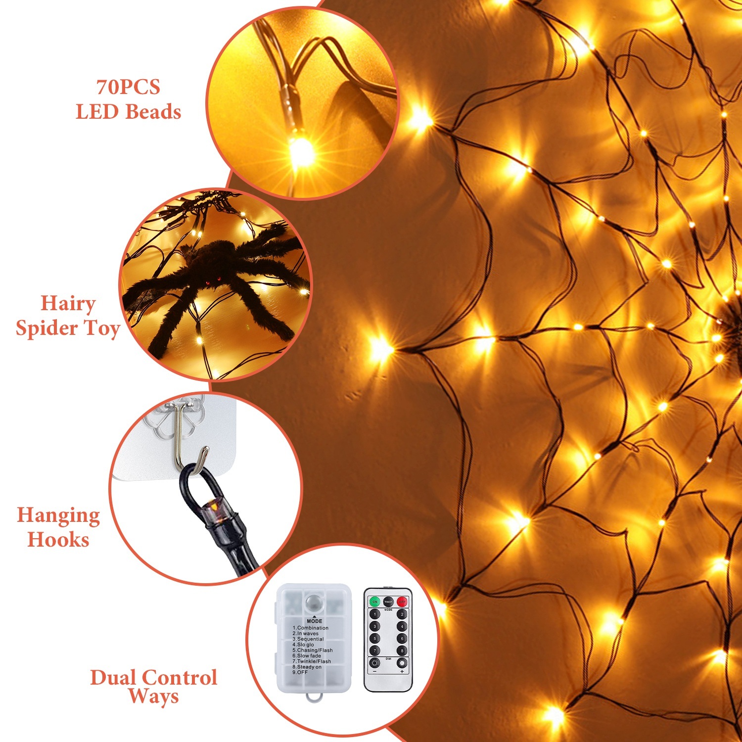 Halloween Spider Web Lights with Plush Spider – 3.3FT 70-LED Battery Operated Decor with Remote gallery view 4