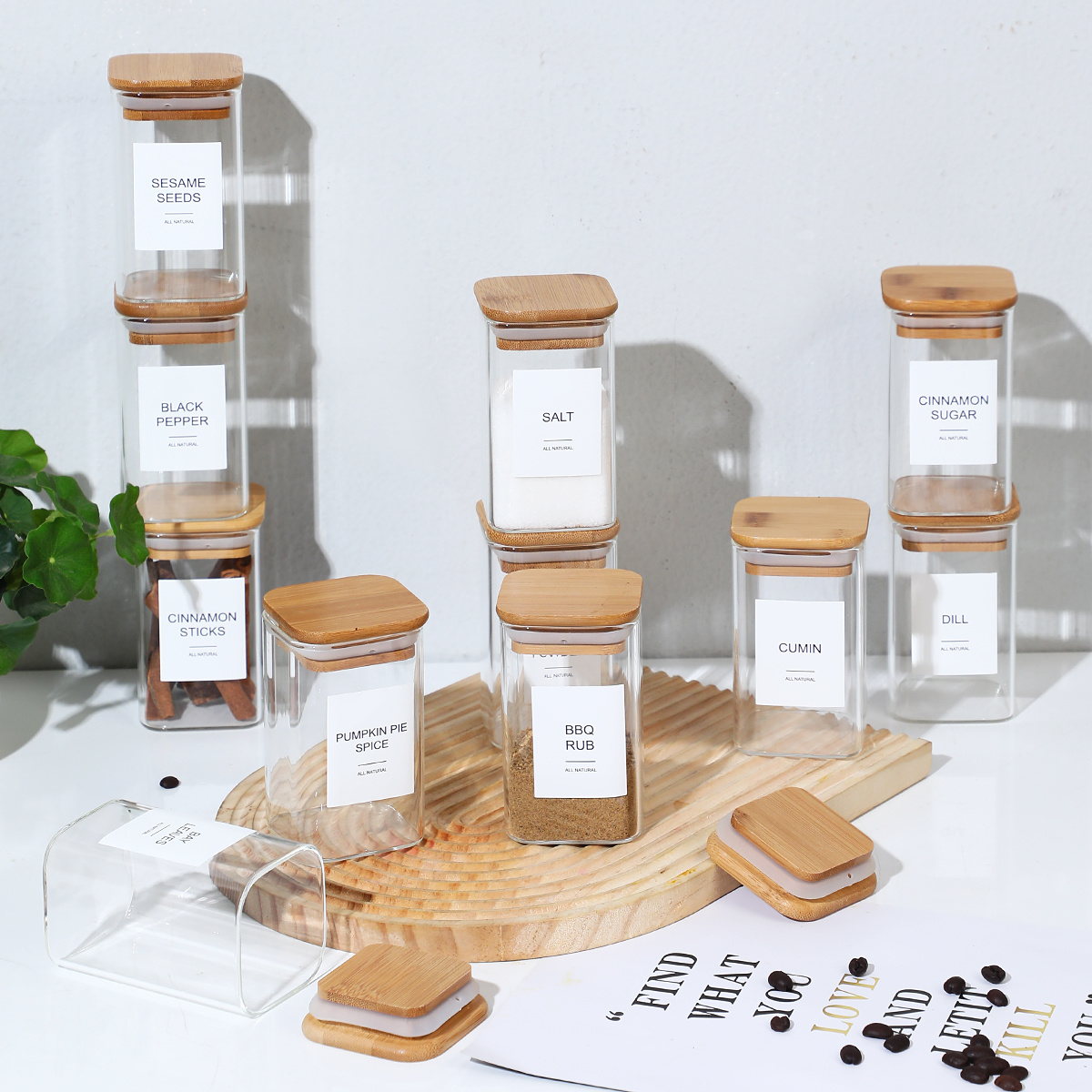 12-Piece Square Glass Spice Jars Set with 72 Waterproof Labels gallery view 2