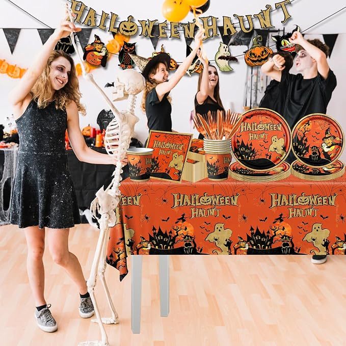 Vintage Halloween Party Tableware Set (142-Piece Kit – Serves 20 Guests with Tablecloth & Banner) gallery view 4