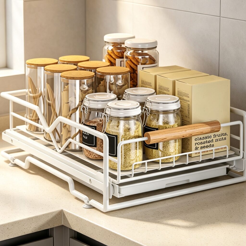 Pull-Out Cabinet Organizer Slide-Out Storage Drawer with Drip Tray (Heavy-Duty Steel Under-Sink & Pantry Rack – White)