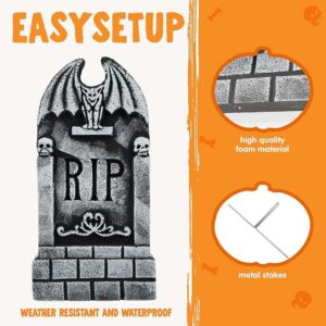 Halloween Foam RIP Tombstones 5-Pack with 12 Metal Stakes (17" Weathered Stone Yard Gravestones, Windproof Outdoor Graveyard Decor for Lawn, Garden & Porch)
