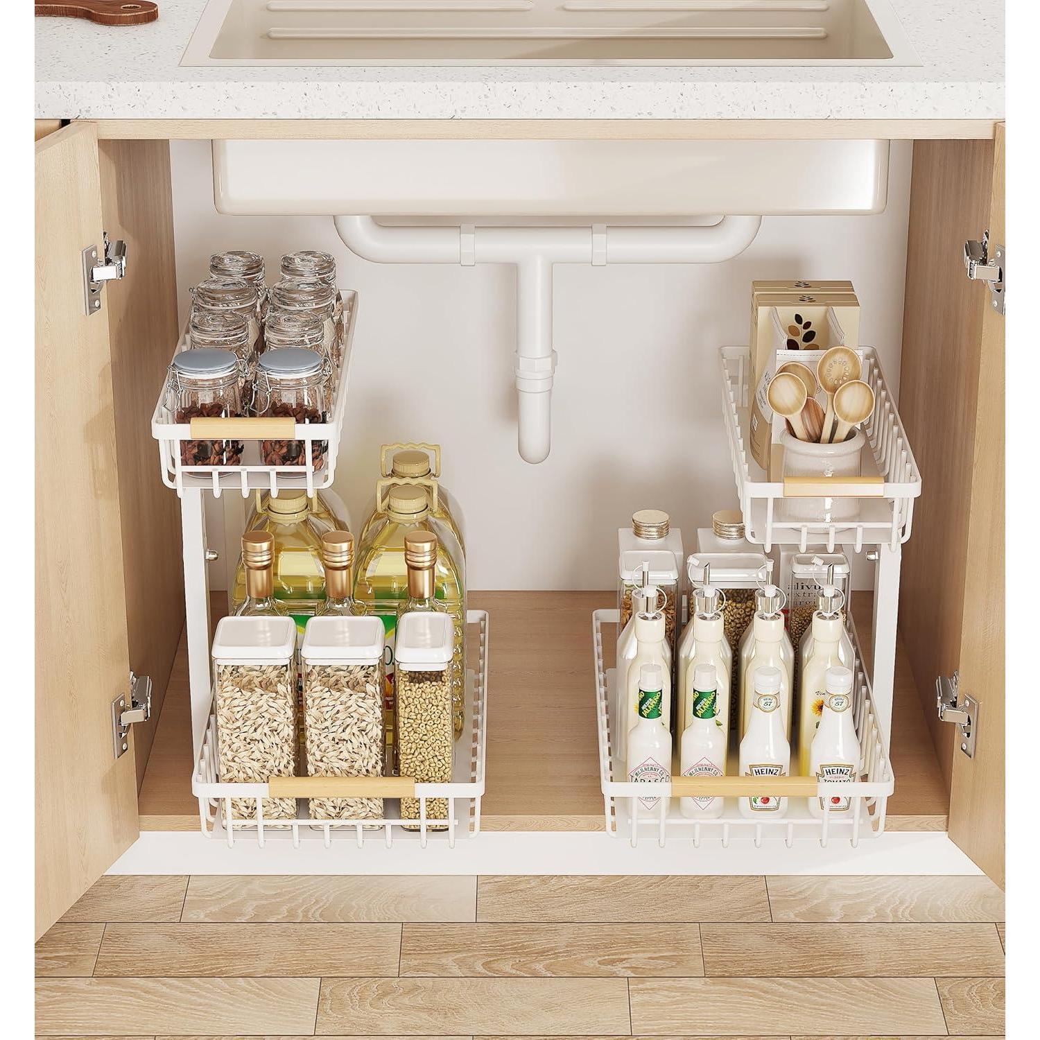 2-Tier Adjustable Under Sink Organizer (Pull-Out L-Shaped Metal Storage Rack for Kitchen & Bathroom) gallery view 4
