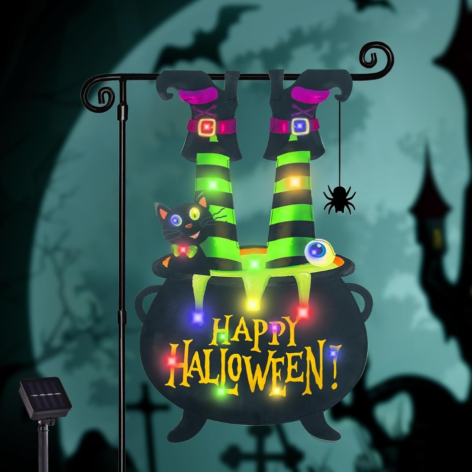 Solar-Powered Lighted Witch Feet Halloween Garden Flag (12" × 18" Double-Sided Yard Decor, 8 Lighting Modes, Waterproof Fabric with Solar Panel for Lawn, Walkway & Porch)