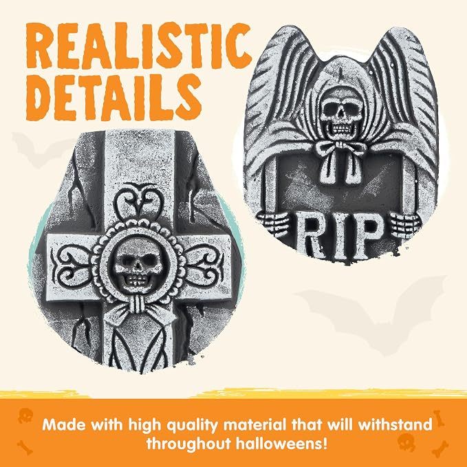 Halloween Foam RIP Tombstones 5-Pack with 12 Metal Stakes (17" Weathered Stone Yard Gravestones, Windproof Outdoor Graveyard Decor for Lawn, Garden & Porch) gallery view 4