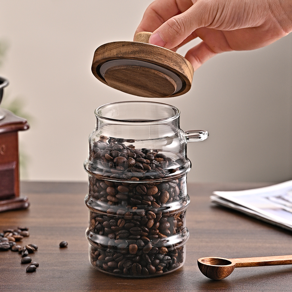 3-Piece Ribbed Glass Storage Canister Set with Airtight Acacia Wood Lids & Wooden Spoons (15 oz, 18.5 oz, 25 oz Coffee Bar & Pantry Organizers) gallery view 7