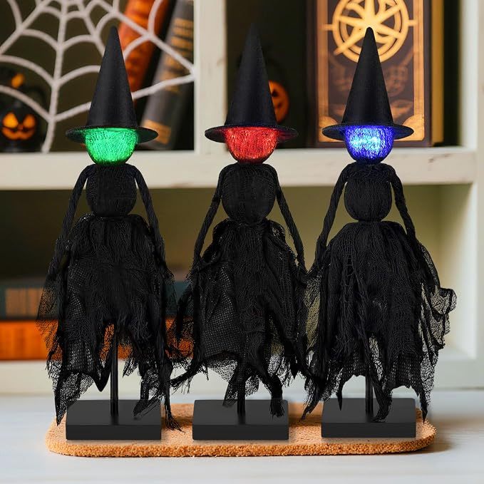 Lighted Witch Figurines on Tiered Tray and Bookcase Display