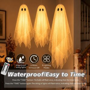 3-Pack Lighted Hanging Ghost Halloween Decorations - Spooky Glowing Flying Ghosts for Outdoor Yard & Indoor Porch