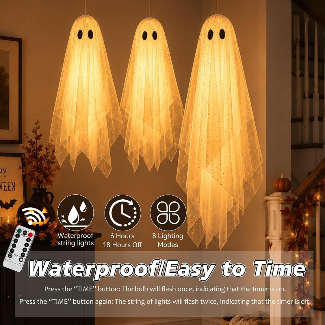 3-Pack Lighted Hanging Ghost Halloween Decorations – Spooky Glowing Flying Ghosts for Outdoor Yard & Indoor Porch gallery view 1
