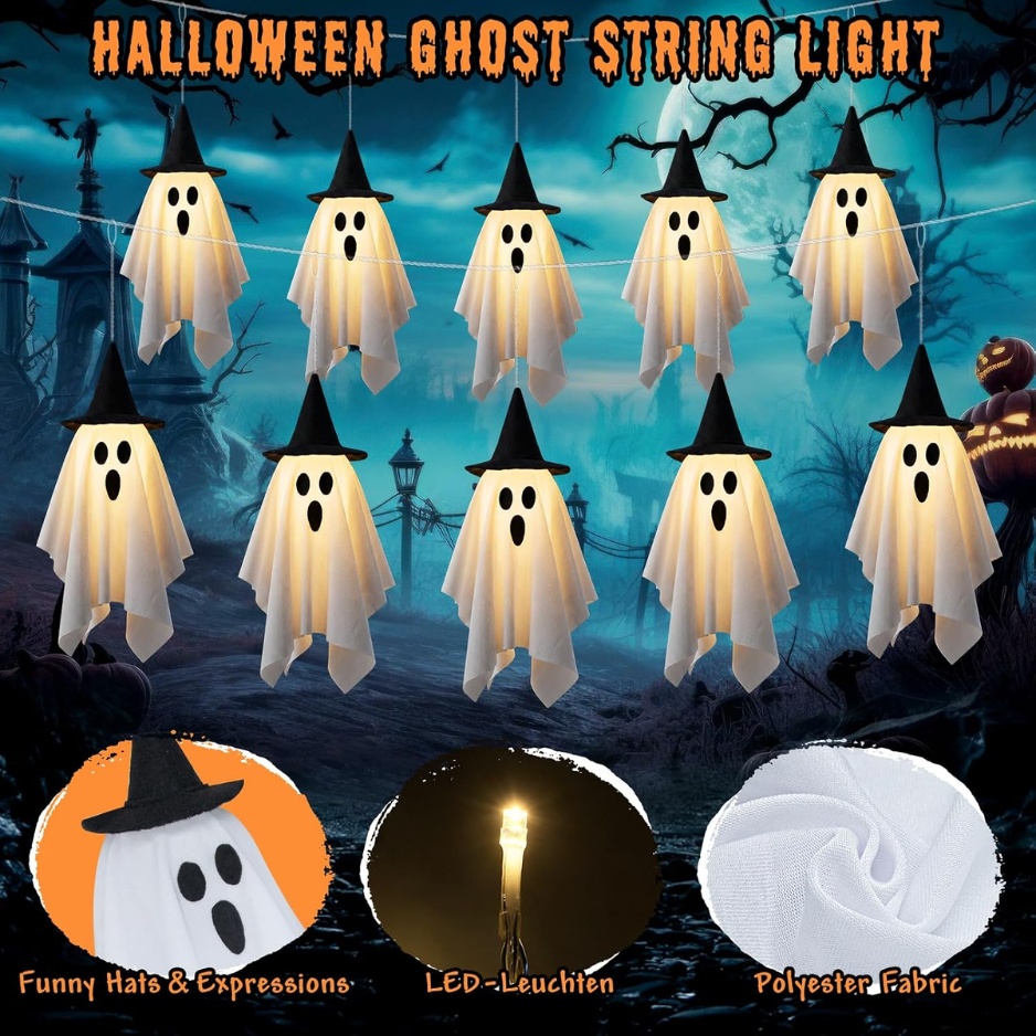 Halloween Light-Up Ghost String Lights with Witch Hats (12.5 FT 10-LED Glowing Fabric Ghosts, 8 Lighting Modes & 6H Timer, Battery-Operated Waterproof Outdoor Porch & Yard Decor) gallery view 2