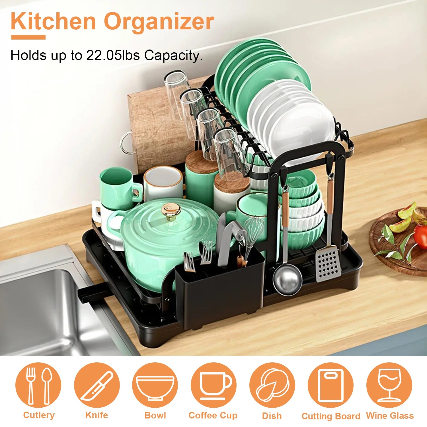 2-Tier Dish Drying Rack with 360° Swivel Drainboard (Rustproof Kitchen Counter Organizer) gallery view 2