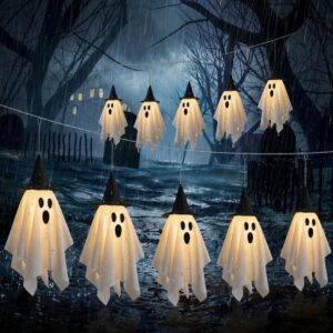 Halloween Light-Up Ghost String Lights with Witch Hats (12.5 FT 10-LED Glowing Fabric Ghosts, 8 Lighting Modes & 6H Timer, Battery-Operated Waterproof Outdoor Porch & Yard Decor)