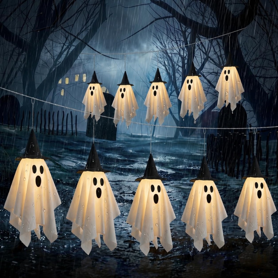 Halloween Light-Up Ghost String Lights with Witch Hats (12.5 FT 10-LED Glowing Fabric Ghosts, 8 Lighting Modes & 6H Timer, Battery-Operated Waterproof Outdoor Porch & Yard Decor)