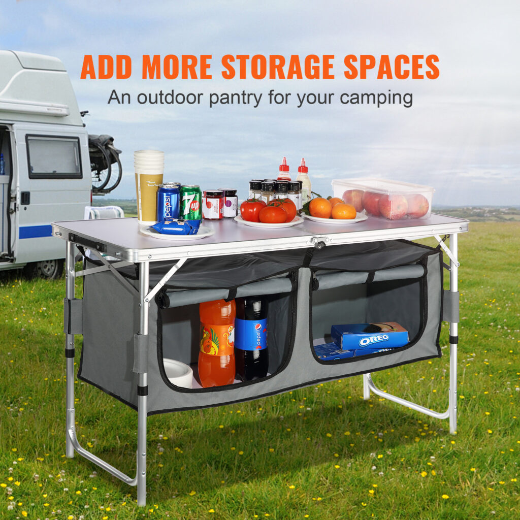 Folding Camping Kitchen Table with 3 Adjustable Heights & Storage Organizer (Quick-Setup Portable Cook Station)
