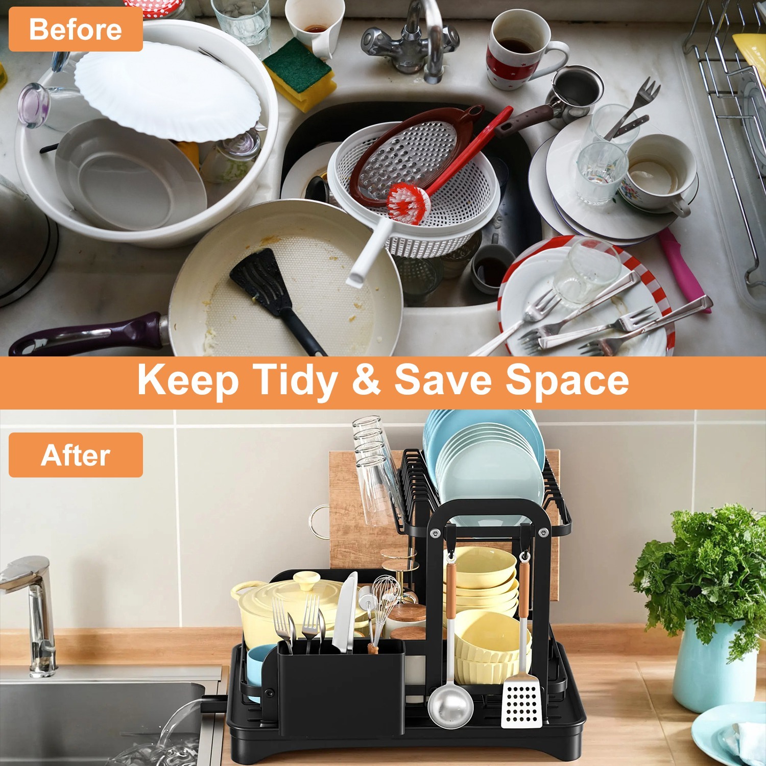 2-Tier Dish Drying Rack with 360° Swivel Drainboard (Rustproof Kitchen Counter Organizer) gallery view 5