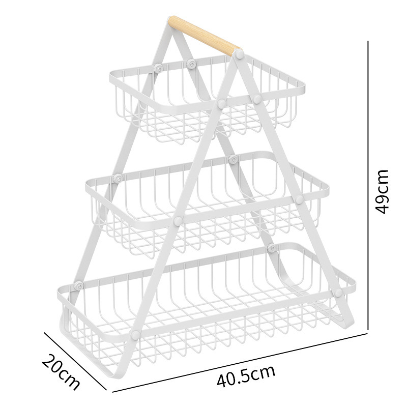 3-Tier White Wire Vegetable Storage Stand with Natural Wood Handle