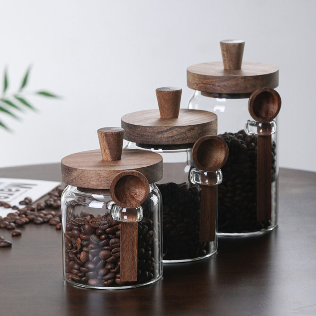 3-Piece Glass Coffee & Tea Storage Canisters with Wooden Spoons (15 oz, 18.5 oz, 25 oz Airtight Acacia Wood Lids)
