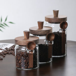 3-Piece Glass Coffee & Tea Storage Canisters with Wooden Spoons (15 oz, 18.5 oz, 25 oz Airtight Acacia Wood Lids)