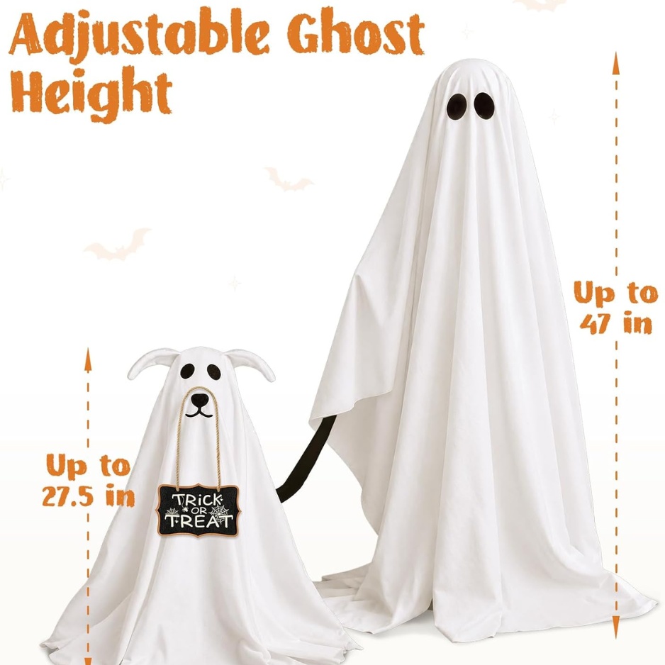 Lighted Ghost Walking Dog Halloween Decor 2-Piece Set (Standing 47" Ghost with Leash & 27.5" Puppy with Trick-or-Treat Sign, 8 Modes & Remote, Milk Fleece Indoor & Outdoor Lawn Yard Decor) gallery view 3