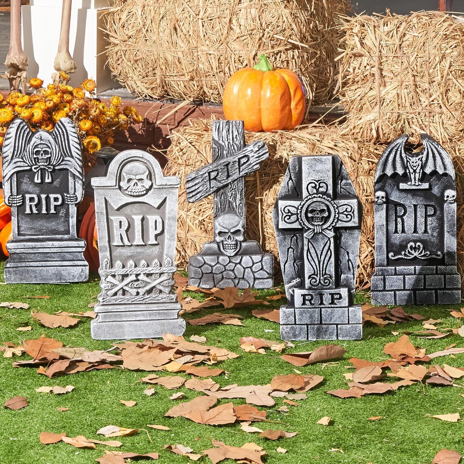 Halloween Foam RIP Tombstones 5-Pack with 12 Metal Stakes (17" Weathered Stone Yard Gravestones, Windproof Outdoor Graveyard Decor for Lawn, Garden & Porch) gallery view 3