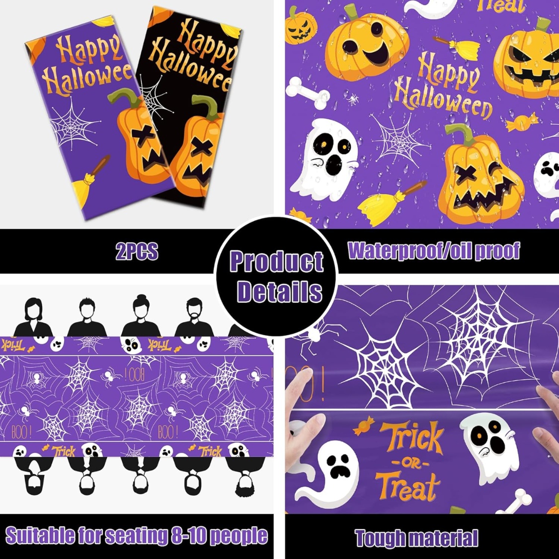 Disposable Halloween Plastic Tablecloth 2-Pack (87" × 51" Waterproof & Oil-Proof Rectangular Table Covers, 1 Black & 1 Purple for Parties, Pumpkin Carving & Buffets) gallery view 5