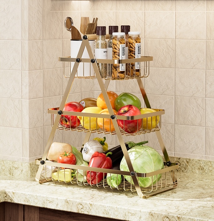 2 & 3-Tier Kitchen Countertop Fruit & Vegetable Storage Basket Stand with Wooden Handle (Rustproof Carbon Steel Wire Organizer) gallery view 5