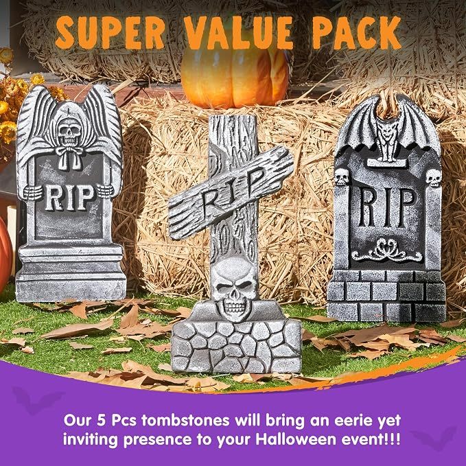 Halloween Foam RIP Tombstones 5-Pack with 12 Metal Stakes (17" Weathered Stone Yard Gravestones, Windproof Outdoor Graveyard Decor for Lawn, Garden & Porch) gallery view 2
