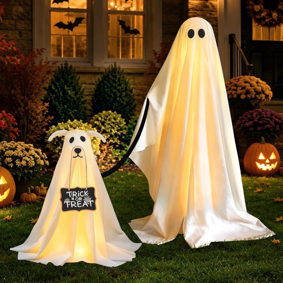 Lighted Ghost Walking Dog Halloween Decor 2-Piece Set (Standing 47" Ghost with Leash & 27.5" Puppy with Trick-or-Treat Sign, 8 Modes & Remote, Milk Fleece Indoor & Outdoor Lawn Yard Decor)