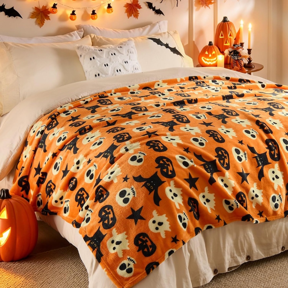 Halloween Plush Throw Blanket (50" × 60" Cozy Flannel Fleece Blanket with Ghosts, Pumpkins, Skulls & Bats, Spooky Orange Autumn Sofa & Bed Decor) gallery view 3