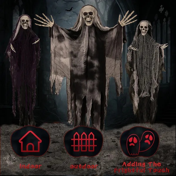 3-Pack Hanging Halloween Grim Reaper Skeleton Ghosts with Posable Arms (Outdoor Tree & Porch Spooky Yard Decor) gallery view 2