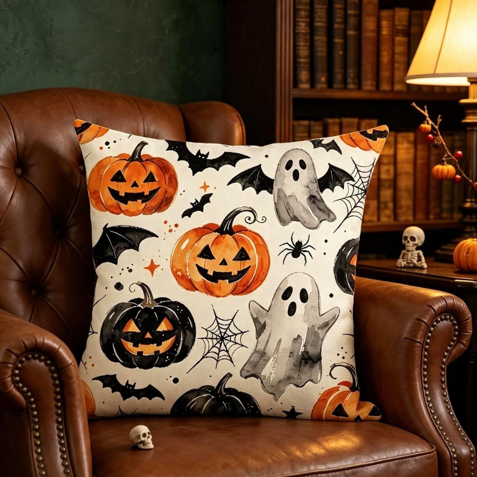 Cute Ghost & Pumpkin Halloween Throw Pillow Cover (18" × 18" Rustic Faux Linen Cushion Case with Invisible Zipper, Autumn Watercolor Print for Sofa, Couch, Bench & Bed) gallery view 3