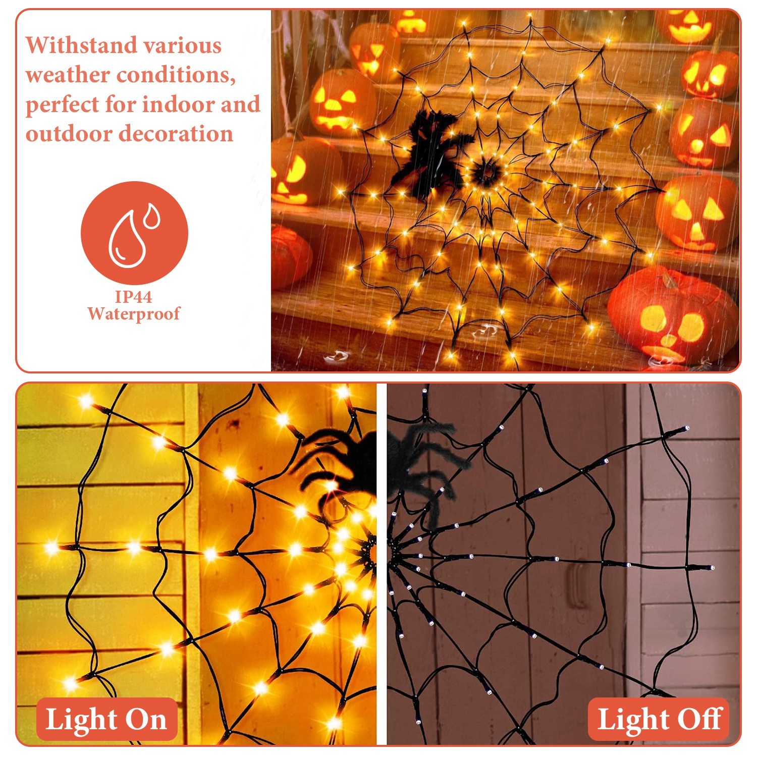 Halloween Spider Web Lights with Plush Spider – 3.3FT 70-LED Battery Operated Decor with Remote gallery view 3