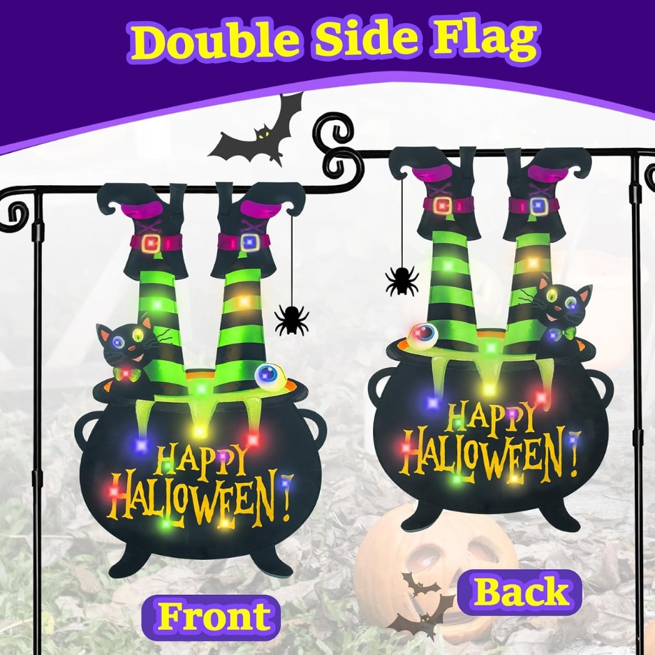Solar-Powered Lighted Witch Feet Halloween Garden Flag (12" × 18" Double-Sided Yard Decor, 8 Lighting Modes, Waterproof Fabric with Solar Panel for Lawn, Walkway & Porch) gallery view 4