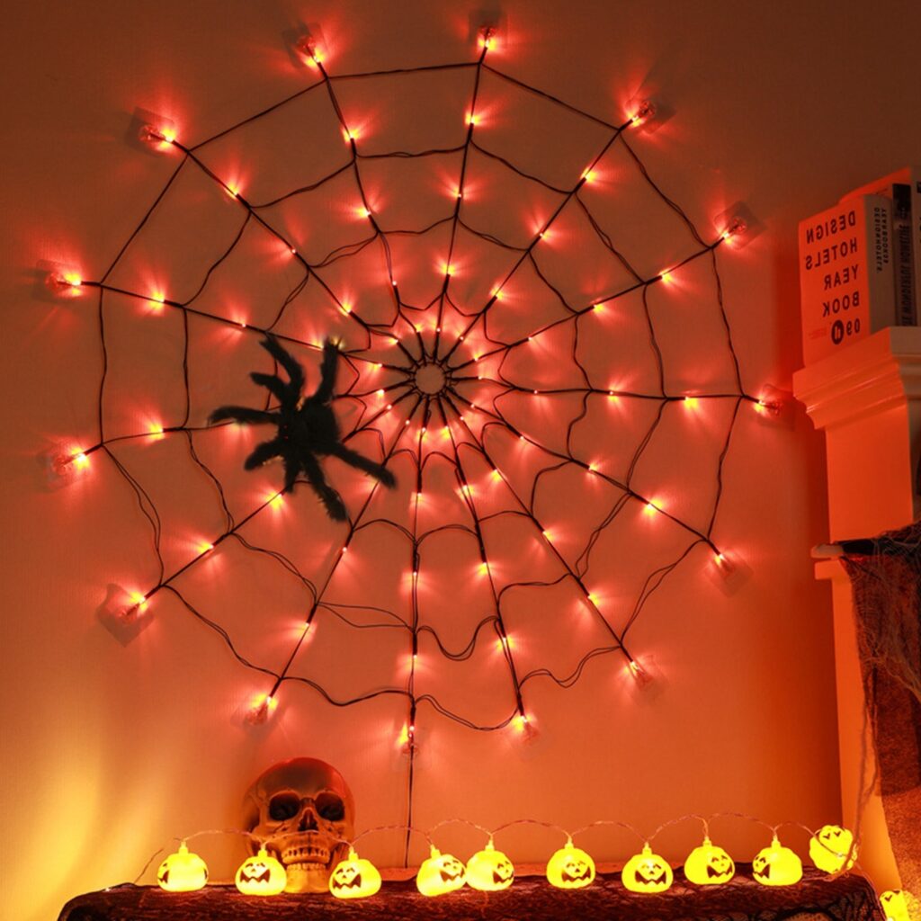 Halloween Spider Web Lights with Plush Spider – 3.3FT 70-LED Battery Operated Decor with Remote