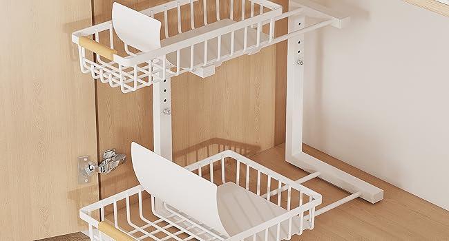2-Tier Adjustable Under Sink Organizer (Pull-Out L-Shaped Metal Storage Rack for Kitchen & Bathroom) gallery view 8