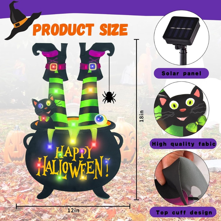 Solar-Powered Lighted Witch Feet Halloween Garden Flag (12" × 18" Double-Sided Yard Decor, 8 Lighting Modes, Waterproof Fabric with Solar Panel for Lawn, Walkway & Porch) gallery view 2