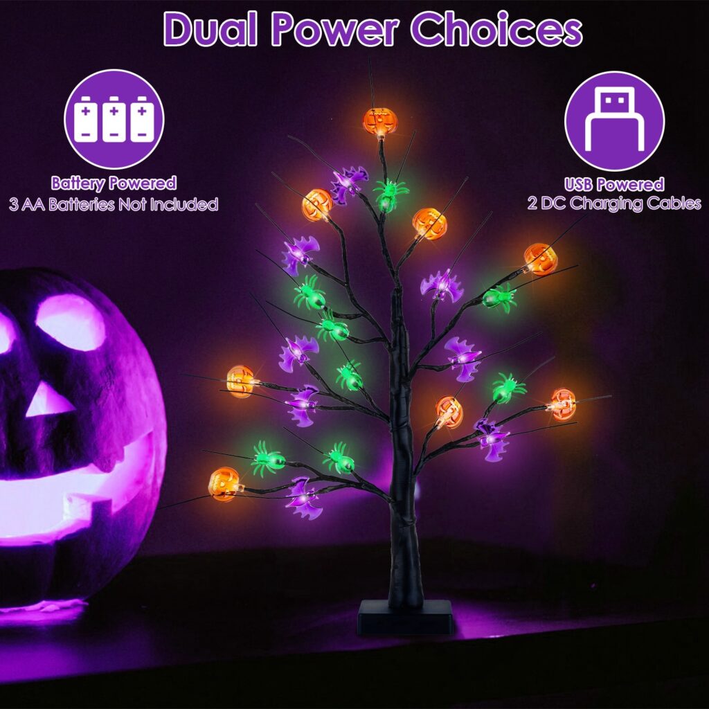 2-Pack 24″ Lighted Black Halloween Trees with Timer – Pre-Lit Tabletop Branch Decor for Indoor Party